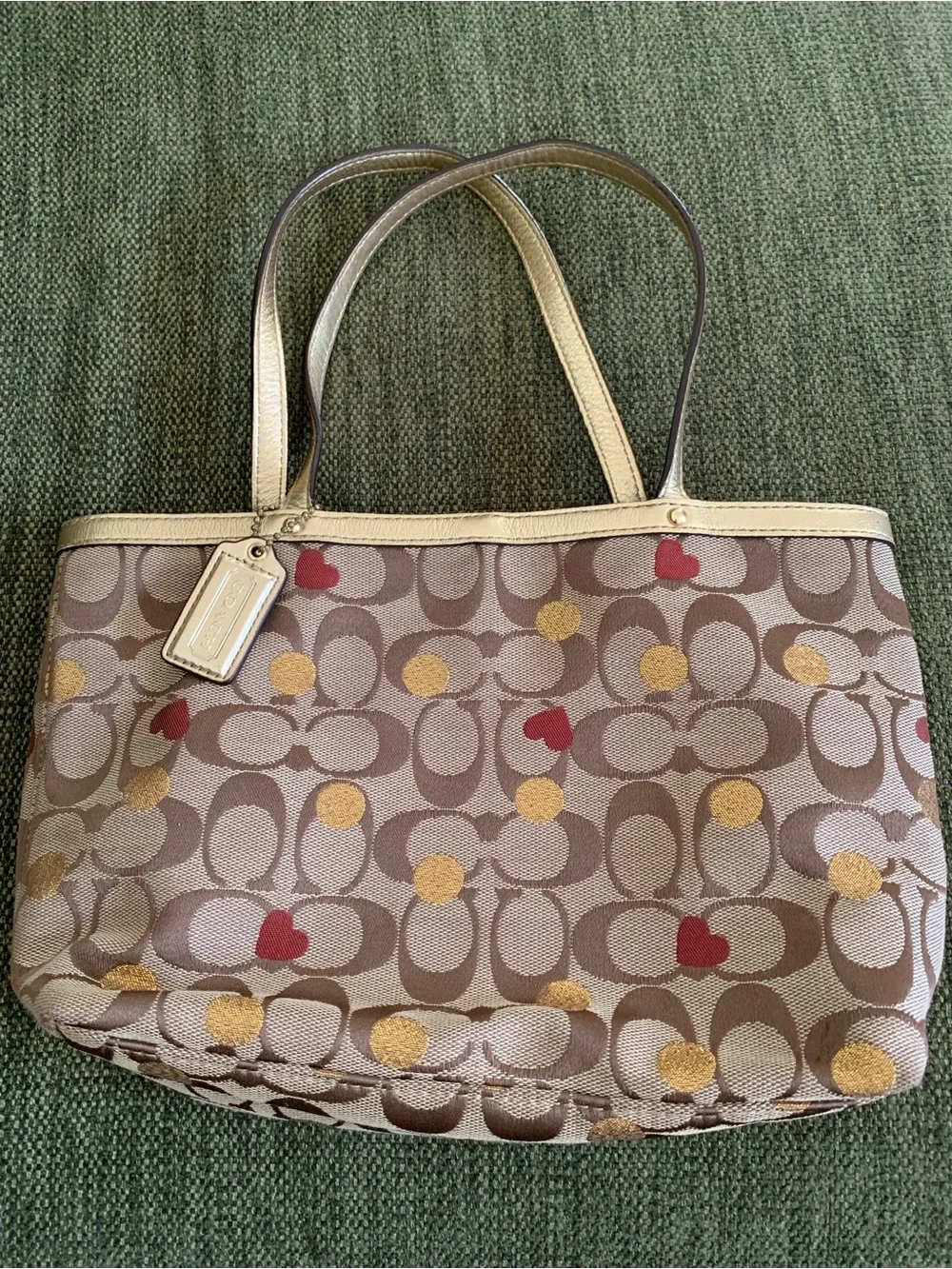 Coach Beige Signature Tote with Gold Dots and Red Hearts